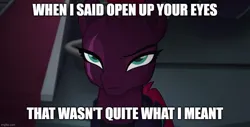 Size: 983x500 | Tagged: safe, derpibooru import, edit, edited screencap, screencap, tempest shadow, my little pony: the movie, caption, image, image macro, imgflip, jpeg, open up your *very* eyes, tempest shadow is not amused, text, unamused