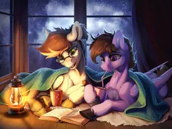 Size: 4000x3000 | Tagged: safe, artist:mithriss, derpibooru import, oc, unofficial characters only, pegasus, pony, accessory, bendy straw, book, cozy, cup, drink, drinking, drinking straw, duo, evening, glasses, image, lamp, lantern, lying down, male, night, pegasus oc, png, ponytail, rain, reading, rug, side, smiling, stallion, straw, unshorn fetlocks, window, wings