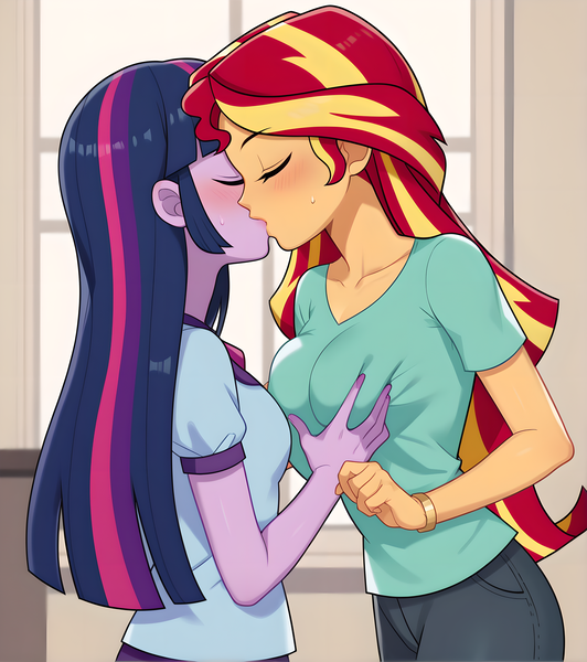 Size: 2816x3176 | Tagged: suggestive, ai content, derpibooru import, machine learning generated, prompter:thismaybeyou, stable diffusion, sunset shimmer, twilight sparkle, human, equestria girls, beautiful hair, blushing, breast grab, breasts, duo, duo female, eyes closed, female, french kiss, g4, generator:pony diffusion v6 xl, grope, high res, image, kissing, lesbian, png, shipping, show accurate, sunsetsparkle, surprise kiss
