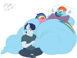 Size: 4000x3000 | Tagged: suggestive, artist:astrum, derpibooru import, rainbow dash, soarin', anthro, pegasus, plantigrade anthro, ass, barefoot, bedroom eyes, blushing, butt, chubby cheeks, clothes, couple, digital art, dock, duo, duo male and female, fat, feet, female, floating wings, floppy ears, foot massage, g4, high res, huge butt, image, large butt, larger female, lidded eyes, looking back, looking down, love, lying down, male, massage, morbidly obese, muscles, muscular male, obese, pampering, panties, pants, pillow, png, prone, rainblob dash, rainbutt dash, rear view, shipping, shirt, simple background, sitting, size difference, smiling, soarindash, socks, soles, straight, stretched cutie mark, tail, the ass was fat, thighs, thunder thighs, tubby wubby pony waifu, underwear, voluptudash, white background, wide hips, wings