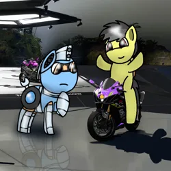 Size: 750x750 | Tagged: safe, artist:foxfer64_yt, derpibooru import, oc, oc:silverstream (robot pony), unofficial characters only, original species, pegasus, pony, robot, robot pony, curious, image, jpeg, looking at something, motorcycle, riding