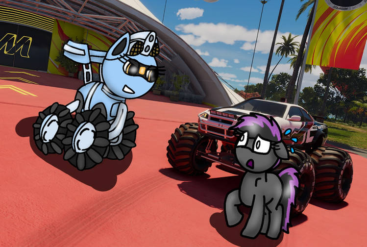 Size: 749x504 | Tagged: safe, artist:foxfer64_yt, derpibooru import, oc, oc:jennifer silverado, oc:silverstream (robot pony), unofficial characters only, earth pony, monster pony, original species, pony, robot, robot pony, confident, floppy ears, image, jpeg, monster, monster truck, scared