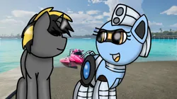 Size: 750x421 | Tagged: safe, artist:foxfer64_yt, derpibooru import, oc, oc:kaia mahoe, oc:silverstream (robot pony), unofficial characters only, original species, pony, robot, robot pony, unicorn, boat, docks, image, jpeg, looking at each other, looking at someone, ocean, smiling, water