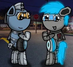 Size: 749x694 | Tagged: safe, artist:foxfer64_yt, derpibooru import, oc, oc:acceron, oc:silverstream (robot pony), unofficial characters only, original species, pony, robot, robot pony, bipedal, butt, city, image, jpeg, looking back, night