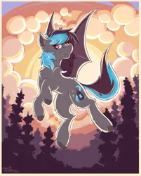 Size: 1959x2432 | Tagged: safe, artist:ezzerie, derpibooru import, oc, oc:striking virdigris, bat pony, pony, cloud, flying, forest, image, nature, png, solo, sun, tree