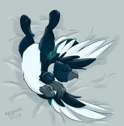 Size: 1165x1184 | Tagged: safe, artist:ezzerie, derpibooru import, oc, oc:maggie, gryphon, bed, image, png, sleeping, solo, spread wings, wings