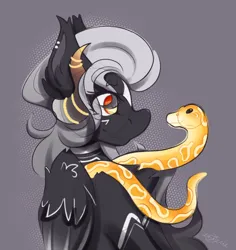 Size: 1294x1368 | Tagged: safe, artist:ezzerie, derpibooru import, oc, oc:smolder, pegasus, pony, snake, halfbody, horns, image, jewelry, pet, png, ring, simple background, solo