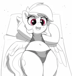 Size: 2450x2585 | Tagged: suggestive, artist:pabbley, derpibooru import, rainbow dash, pegasus, beach, belly button, female, g4, grayscale, image, jpeg, lying down, monochrome, on back, open mouth, open smile, partial color, smiling, solo, solo female, wide hips