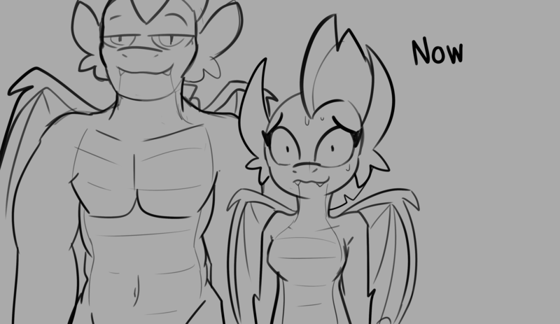 Size: 3777x2184 | Tagged: safe, artist:tjpones, derpibooru import, smolder, spike, dragon, adult, adult spike, belly button, breasts, dragoness, featureless breasts, female, gray background, grayscale, grin, height difference, high res, image, lidded eyes, lizard breasts, looking at you, male, monochrome, nervous, nervous grin, nervous sweat, older, older spike, pecs, png, ship:spolder, shipping, simple background, sketch, smiling, straight, text, winged spike, wings