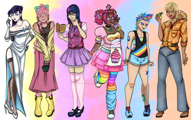 Size: 1280x804 | Tagged: safe, artist:squids-arts, artist:squids.arts, derpibooru import, applejack, fluttershy, pinkie pie, rainbow dash, rarity, twilight sparkle, human, alternate hairstyle, apple, applejack's hat, apron, bandaid, belt, book, boots, bow, bracelet, choker, clothes, cowboy boots, cowboy hat, dark skin, denim, deviantart watermark, dress, ear piercing, earring, evening gloves, female, fishnets, flannel, flats, food, freckles, glasses, gloves, hair bow, hat, high heels, humanized, image, jeans, jewelry, jpeg, lip piercing, lipstick, long gloves, mane six, nail polish, necklace, necktie, obtrusive watermark, open mouth, pants, piercing, rain boots, rainbow socks, reading, shirt, shoes, shorts, skirt, sneakers, socks, sports bra, sports shorts, stockings, striped socks, tanktop, thigh highs, vest, wall of tags, watering can, watermark, wellington boots