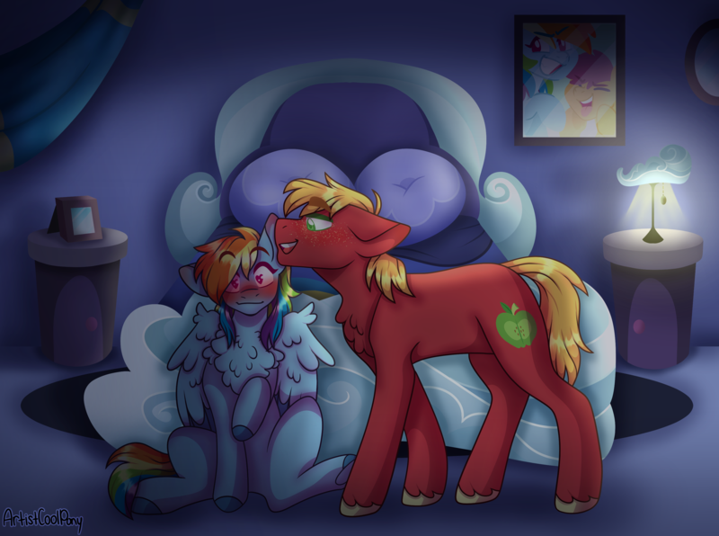 Size: 3252x2421 | Tagged: safe, artist:artistcoolpony, derpibooru import, big macintosh, rainbow dash, scootaloo, earth pony, pegasus, pony, bed, bedroom eyes, blanket, blushing, chest fluff, commission, duo, duo male and female, female, filly, flustered, foal, freckles, grin, heart, heart eyes, image, lamp, male, mare, open mouth, picture, picture frame, pillow, png, seductive, ship:rainbowmac, shipping, sitting, smiling, spread wings, stallion, straight, unshorn fetlocks, whispering, wingboner, wingding eyes, wings