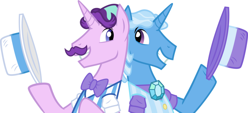 Size: 15390x7000 | Tagged: safe, artist:dxthegod, derpibooru import, flam, flim, starlight glimmer, trixie, unicorn, brothers, clothes, facial hair, flim flam brothers, g4, hat, image, male, moustache, palette swap, png, recolor, rule 63, siblings, simple background, stellar gleam, transparent background, tristan