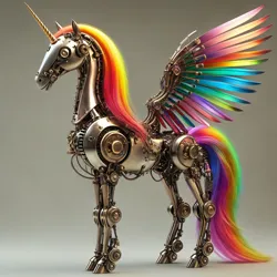 Size: 6144x6144 | Tagged: safe, ai content, derpibooru import, editor:felisamafeles, generator:stable cascade, machine learning generated, alicorn, pony, robot, cg, colored wings, image, jpeg, multicolored wings, rainbow wings, realistic, realistic horse legs, simple background, steampunk, structural steel, wings