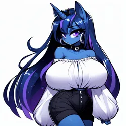 Size: 1024x1024 | Tagged: safe, ai content, derpibooru import, machine learning generated, princess luna, anthro, adorasexy, bare shoulders, beautiful, big breasts, breasts, busty princess luna, clothes, collar, curvy, cute, ear piercing, earring, female, g4, hourglass figure, huge breasts, image, jewelry, long hair, looking at you, piercing, png, prompter:horselover fat, sexy, short shirt, shorts, shoulderless, simple background, solo, strapless, walking, white background, white shirt, wide hips