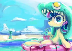 Size: 4093x2894 | Tagged: safe, artist:xallaanacyoxcyor, derpibooru import, bon bon, lyra heartstrings, sweetie drops, earth pony, pony, shark, animal costume, beach, clothes, cloud, costume, drink, drinking, drinking straw, female, g4, image, inflatable toy, mare, ocean, png, shark costume, water