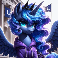 Size: 1024x1024 | Tagged: safe, ai content, machine learning generated, ponerpics import, ponybooru import, princess luna, alicorn, pony, aside glance, bing, clothes, ethereal mane, female, flag, galaxy mane, hoodie, image, jpeg, looking at you, mare, sideways glance, skirt, solo, spread wings, wings