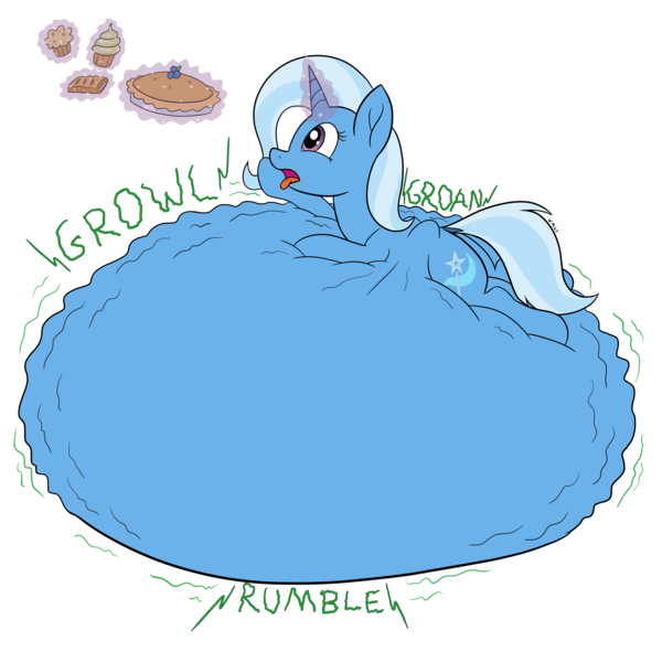 Size: 4096x4096 | Tagged: questionable, artist:wapamario63, derpibooru import, trixie, pony, unicorn, apple fritter (food), belly, belly bed, big belly, butt, colored, commission, cupcake, fat, female, flat colors, food, huge belly, hungry, image, impossibly large belly, magic, magic aura, mare, pie, plot, png, simple background, solo, stomach growl, stomach noise, stuffed, stuffed belly, telekinesis, transparent background