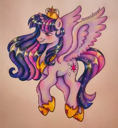 Size: 2710x2934 | Tagged: safe, artist:dariarchangel, derpibooru import, twilight sparkle, twilight sparkle (alicorn), alicorn, pony, crown, element of generosity, element of honesty, element of kindness, element of laughter, element of loyalty, element of magic, elements of harmony, female, flying, g4, image, jewelry, jpeg, mare, photo, princess, redesign, regalia, smiling, solo, sparkles, spread wings, traditional art, wings