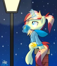 Size: 2000x2300 | Tagged: safe, artist:notadeliciouspotato, derpibooru import, oc, oc:soft light, unofficial characters only, pony, unicorn, clothes, cup, hoodie, image, magic, male, night, night sky, png, signature, sipping, sitting, sky, solo, stallion, stars, streetlight, telekinesis, wall