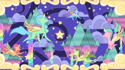 Size: 2160x1215 | Tagged: safe, derpibooru import, screencap, alicorn, pony, g5, my little pony: tell your tale, spoiler:g5, spoiler:my little pony: tell your tale, spoiler:tyts02e07, cloud, image, mountain, png, skyros, stars, swirls, tapestry, the lone alicorn