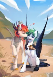 Size: 3200x4600 | Tagged: safe, artist:miurimau, derpibooru import, oc, unofficial characters only, original species, pegasus, pony, beach, belly, belly button, coat markings, concave belly, duo, eyes closed, floating heart, heart, high res, hoof hold, hooves, horns, image, kiss on the cheek, kissing, oc x oc, ocean, open mouth, pegasus oc, png, ribcage, shell, shipping, sitting, slender, socks (coat marking), spread wings, teeth, thin, unshorn fetlocks, water, wings