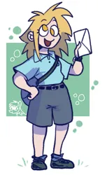 Size: 527x862 | Tagged: safe, artist:punkittdev, derpibooru import, derpy hooves, human, bag, blonde hair, clothes, eye clipping through hair, eyebrows, eyebrows visible through hair, female, g4, hand on hip, holding, humanized, image, letter, mail, mailbag, messy hair, open mouth, open smile, pale skin, png, polo shirt, shirt, shoes, shorts, smiling, solo, yellow eyes