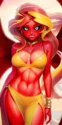 Size: 1024x2048 | Tagged: suggestive, ai content, derpibooru import, editor:masterdarhil, machine learning generated, sunset shimmer, demon, equestria girls, bare shoulders, breasts, busty sunset shimmer, choker, cleavage, demon wings, demonic eyes, g4, image, jewelry, jpeg, looking at you, midriff, necklace, photoshop, prompter:sammykun, recolor, seductive pose, sexy, solo, wings