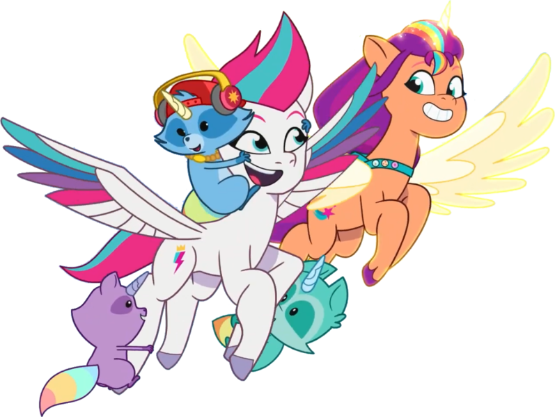 Size: 1142x860 | Tagged: safe, artist:pascalmulokozi2, derpibooru import, edit, edited screencap, screencap, sunny starscout, zipp storm, alicorn, pegasus, pony, raccoon, g5, my little pony: a new generation, my little pony: tell your tale, spoiler:g5, spoiler:my little pony: tell your tale, spoiler:tyts02e07, flying, g4, image, not a vector, png, raccoonicorn, race swap, simple background, sunnycorn, the lone alicorn, transparent background