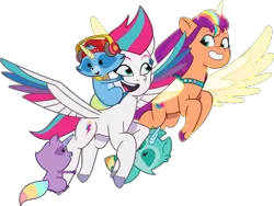 Size: 1142x860 | Tagged: safe, artist:pascalmulokozi2, derpibooru import, edit, edited screencap, screencap, sunny starscout, zipp storm, alicorn, pegasus, pony, raccoon, g5, my little pony: a new generation, my little pony: tell your tale, spoiler:g5, spoiler:my little pony: tell your tale, spoiler:tyts02e07, flying, g4, image, not a vector, png, raccoonicorn, race swap, simple background, sunnycorn, the lone alicorn, transparent background