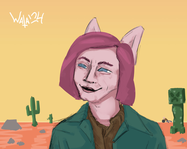 Size: 2500x2000 | Tagged: safe, artist:wata, derpibooru import, pinkie pie, anthro, anton chigurh, cactus, clothes, creeper, creepy, creepy smile, desert, high res, image, jpeg, male, meme, no country for old men, pinkamena diane pie, rule 63, shitposting, smiling, solo, walter white