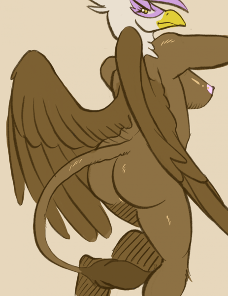 Size: 1687x2184 | Tagged: questionable, artist:phathusa, gilda, anthro, gryphon, annoyed, ass, back to viewer, big breasts, breasts, busty gilda, butt, complete nudity, female, frown, gildonk, image, looking at you, looking back, looking back at you, nipples, nudity, one leg raised, png, raised arm, simple background, solo, spread wings, wings, yellow background
