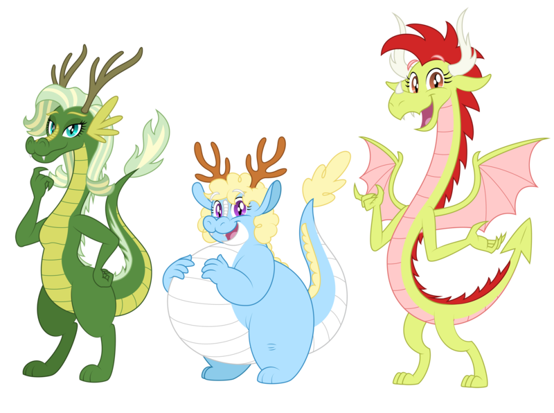 Size: 5000x3723 | Tagged: safe, artist:aleximusprime, derpibooru import, oc, oc:amaryllis the dragon, oc:daisy the dragon, oc:hosta the dragon, unofficial characters only, dragon, eastern dragon, fanfic:my little sister is a dragon, antlers, chubby, dragon wings, dragoness, ears, eastern drake, fat, female, hair, horn, horns, image, multiple horns, northern drake, png, southern drake, thin, wingless, wings