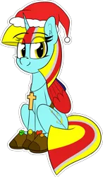Size: 1519x2599 | Tagged: safe, artist:seafooddinner, derpibooru import, oc, oc:terri softmare, pony, unicorn, belt, boots, christmas, clothes, cross, female, hat, hearth's warming, holiday, image, jewelry, looking at you, mare, necklace, png, santa hat, shoes, simple background, sitting, smiling, solo, transparent background, wings