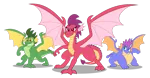 Size: 1239x645 | Tagged: safe, artist:aleximusprime, derpibooru import, oc, oc:barb the dragon, oc:princess barb, oc:scorch the dragon, oc:singe the dragon, dragon, flurry heart's story, brother and sister, brothers, dragoness, female, image, male, northern drake, png, siblings, sister, super hero landing pose, super hero pose