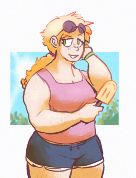 Size: 624x819 | Tagged: safe, artist:punkittdev, derpibooru import, applejack, human, applejacked, body freckles, buff, clothes, eyebrows, eyebrows visible through hair, eyelashes, female, food, freckles, g4, holding, holding head, humanized, image, light skin, looking back, muscles, muscular female, passepartout, png, ponytail, popsicle, shorts, sports shorts, sunglasses, tanktop, tied hair