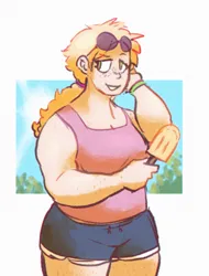Size: 624x819 | Tagged: safe, artist:punkittdev, derpibooru import, applejack, human, applejacked, body freckles, buff, clothes, eyebrows, eyebrows visible through hair, eyelashes, female, food, freckles, g4, holding, holding head, humanized, image, light skin, looking back, muscles, muscular female, passepartout, png, ponytail, popsicle, shorts, sports shorts, sunglasses, tanktop, tied hair