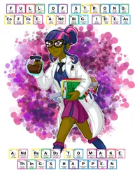 Size: 1280x1656 | Tagged: safe, alternate version, artist:texasuberalles, derpibooru import, sci-twi, twilight sparkle, human, equestria girls, abstract background, blackwashing, book, clothes, coffee, coffee pot, doctor who, female, g4, glasses, human coloration, image, jpeg, kirby krackle, lab coat, necktie, periodic table, pliers, skirt, solo, sonic screwdriver, t-square