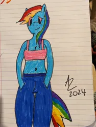 Size: 3072x4080 | Tagged: safe, artist:a2rhombus, derpibooru import, rainbow dash, anthro, breasts, cleavage, clothes, hand in pocket, image, jpeg, lined paper, looking at you, short shirt, tanktop, traditional art