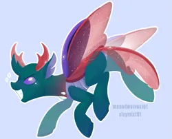 Size: 663x536 | Tagged: safe, artist:vixymix101, derpibooru import, pharynx, changedling, changeling, pony, antlers, blue background, blushing, carapace, colored pinnae, g4, hooves in air, horn, image, insect wings, male, outline, png, purple eyes, signature, simple background, smiling, sparkles, spread wings, stallion, starry wings, wings