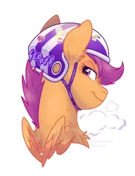 Size: 1056x1377 | Tagged: safe, artist:vixymix101, derpibooru import, scootaloo, pegasus, pony, bike helmet, chest fluff, colored wings, colored wingtips, ear fluff, female, filly, foal, g4, helmet, image, lidded eyes, looking back, mare, png, purple eyes, purple mane, short mane, signature, simple background, small wings, smiling, two toned wings, white background, wingding eyes, wings