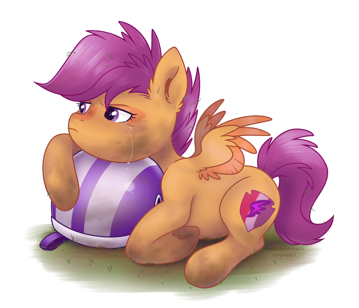 Size: 2048x1759 | Tagged: safe, artist:vixymix101, derpibooru import, scootaloo, pony, bike helmet, colored wings, colored wingtips, crying, dirty, dirty hooves, ear fluff, female, filly, foal, frown, g4, grass, helmet, image, injured, looking away, lying dodwn, lying down, mare, messy, messy mane, messy tail, png, prone, purple eyes, purple mane, purple tail, signature, simple background, sitting, small wings, spread wings, tail, two toned wings, white background, wingding eyes, wings