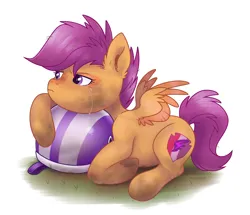 Size: 2048x1759 | Tagged: safe, artist:vixymix101, derpibooru import, scootaloo, pony, bike helmet, colored wings, colored wingtips, crying, dirty, dirty hooves, ear fluff, female, filly, foal, frown, g4, grass, helmet, image, injured, looking away, lying dodwn, lying down, mare, messy, messy mane, messy tail, png, prone, purple eyes, purple mane, purple tail, signature, simple background, sitting, small wings, spread wings, tail, two toned wings, white background, wingding eyes, wings