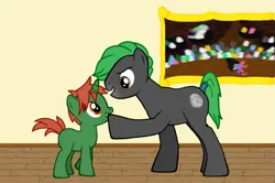 Size: 817x543 | Tagged: safe, derpibooru import, oc, oc:rocky road, oc:rose bundle, earth pony, pony, unicorn, colt, father and child, father and son, foal, image, male, painting, png, stallion