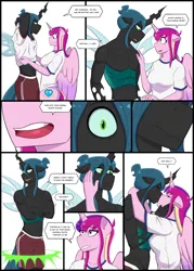 Size: 1948x2727 | Tagged: suggestive, artist:shallowwin, derpibooru import, princess cadance, queen chrysalis, shining armor, alicorn, anthro, changeling, changeling queen, bisexual, breasts, cadalis, chrysarmordance, comic, dialogue, female, gay, heart, image, infidelity, kissing, lesbian, love, male, mare, png, polyamory, romantic, rule 63, ship:cadalis, ship:chrysarmordance, shipping, stallion, stallion on mare, straight