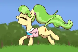 Size: 3000x2000 | Tagged: safe, artist:t72b, derpibooru import, chickadee, ms. peachbottom, earth pony, pony, clothes, eyes closed, female, freckles, galloping, grass, image, mare, neckerchief, open mouth, png, raised hoof, running, shirt, smiling, tree, wind, windswept mane