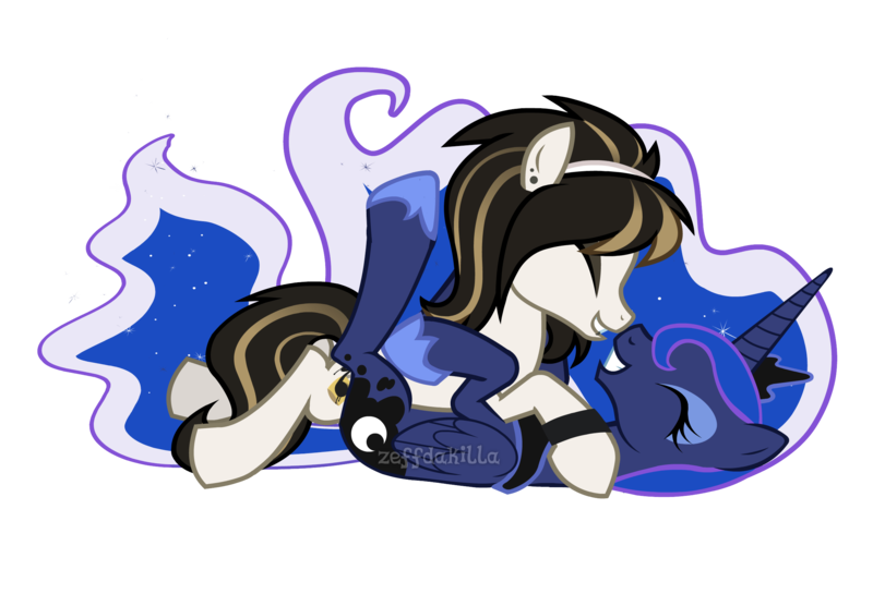Size: 2442x1664 | Tagged: safe, artist:zeffdakilla, derpibooru import, princess luna, oc, oc:lockette, alicorn, earth pony, pony, bracelet, canon x oc, duo, duo female, ear piercing, emo, eyes closed, female, image, jewelry, lesbian, lip piercing, lying down, lying on top of someone, nose to nose, piercing, png, shipping, simple background, smiling, transparent background, vector