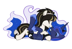 Size: 2442x1664 | Tagged: safe, artist:zeffdakilla, derpibooru import, princess luna, oc, oc:lockette, alicorn, earth pony, pony, bracelet, canon x oc, duo, duo female, ear piercing, emo, eyes closed, female, image, jewelry, lesbian, lip piercing, lying down, lying on top of someone, nose to nose, piercing, png, shipping, simple background, smiling, transparent background, vector