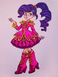 Size: 1197x1600 | Tagged: safe, artist:dariarchangel, derpibooru import, rarity, human, equestria girls, equestria girls series, ancient wonderbolts uniform, boots, clothes, dress, female, g4, image, jpeg, outfit, pink dress, sgt. rarity, shoes, smiling, solo, uniform
