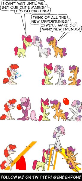 Size: 1000x2200 | Tagged: safe, artist:sneshpone, derpibooru import, apple bloom, cheerilee, scootaloo, sweetie belle, twist, pony, ball, comic, cutie mark crusaders, doll, image, jpeg, seesaw, toy