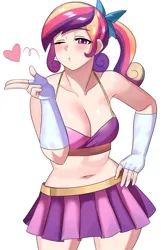 Size: 800x1200 | Tagged: suggestive, artist:tzc, derpibooru import, princess cadance, human, bedroom eyes, belly button, blushing, breasts, busty princess cadance, cleavage, clothes, female, hair ribbon, humanized, image, jpeg, legs, looking at you, midriff, one eye closed, pleated skirt, ponytail, ribbon, simple background, skirt, solo, solo female, thighs, white background, wink, winking at you